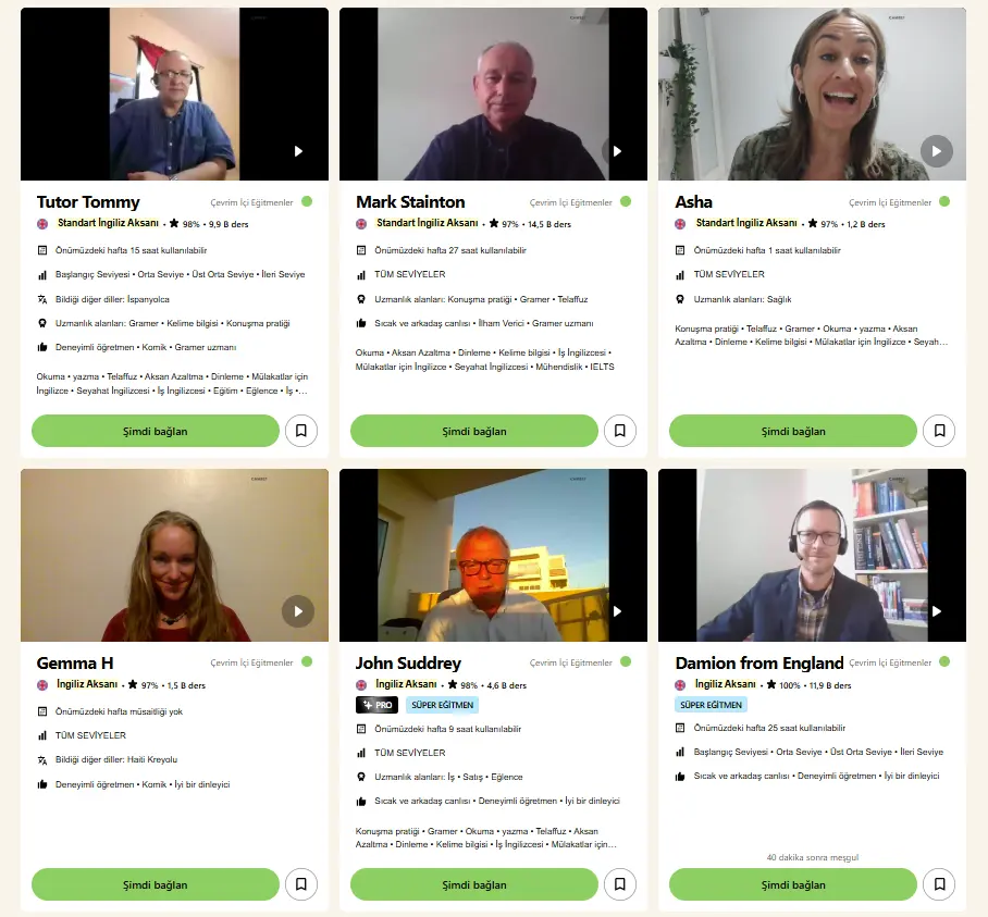 Cambly eğitmen listesi ve filtreleme sistemi ekran görüntüsü