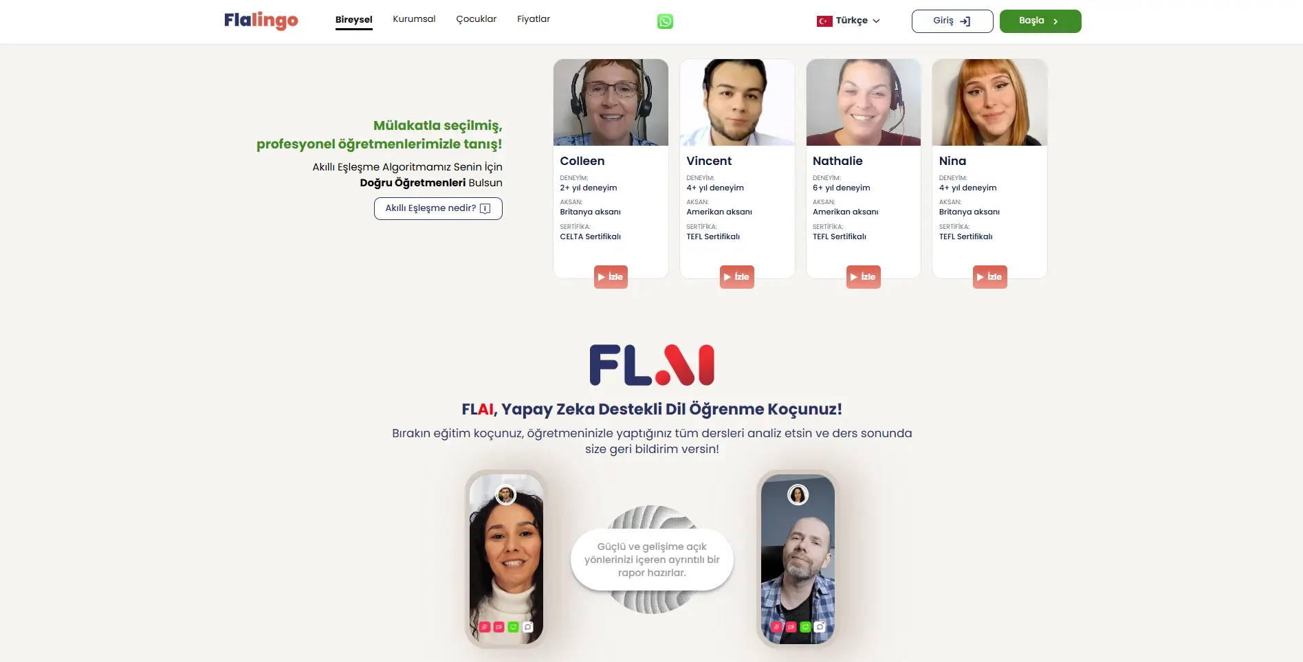 Flalingo platformu — FLAI yapay zeka raporu ve öğretmen paneli ekran görüntüsü