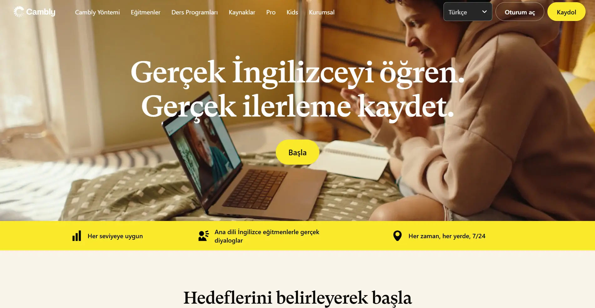 Cambly yetişkin online İngilizce platformu Türkiye landing sayfası